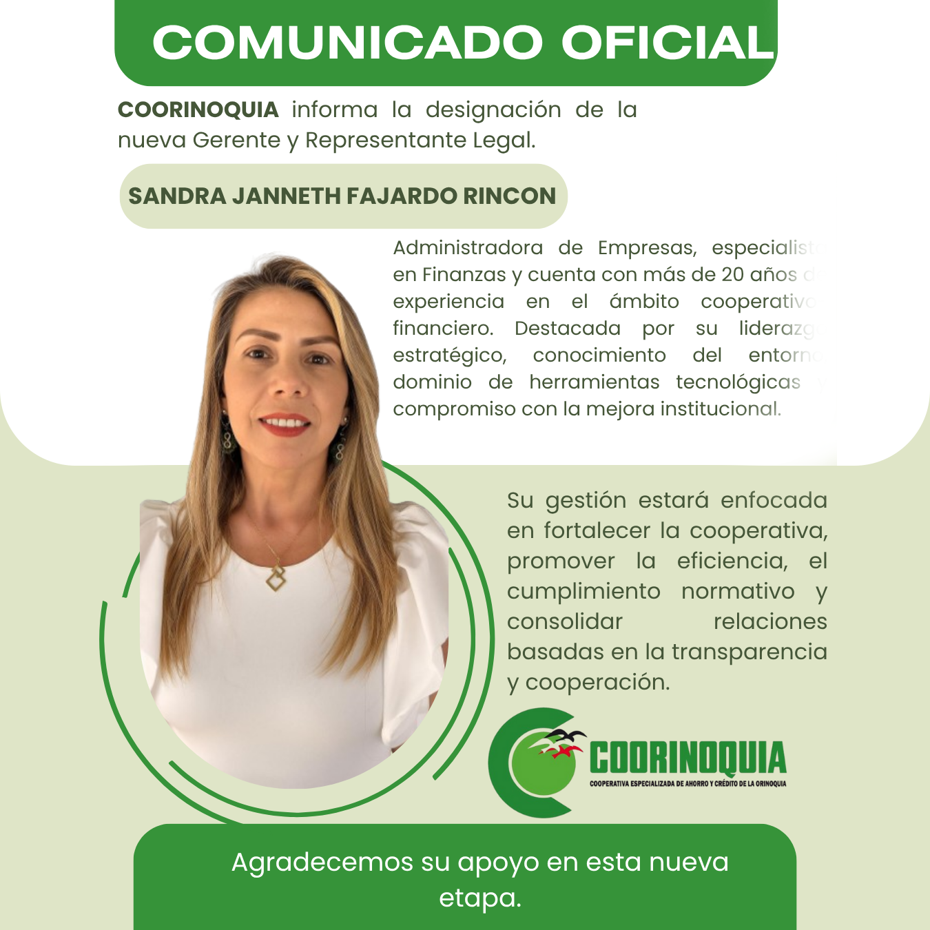 COORINOQUIA da la bienvenida a su nueva Gerente y Representante Legal: Sandra Janneth Fajardo Rincón