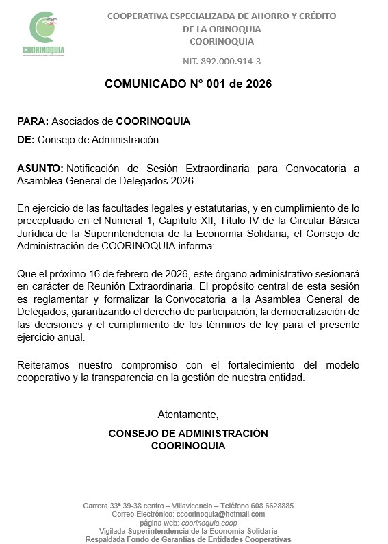 Notificación de Sesión Extraordinaria para Convocatoria a Asamblea General de Delegados 2026